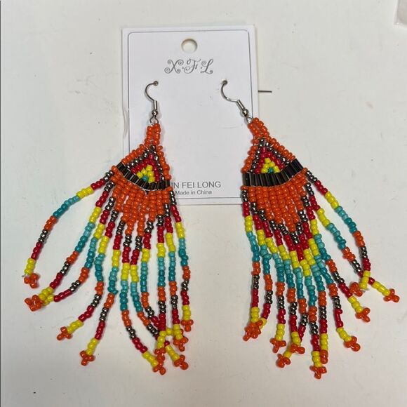 Orange and Yellow Beaded Dangle Fringe Earrings - Picture 1 of 4